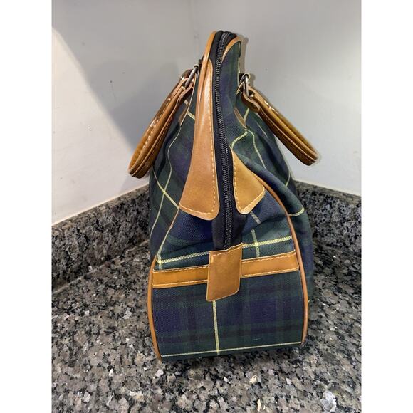 Vintage Lacoste Plaid Canvas Tote Bag Green Blue Brown Trim Retro Preppy - Picture 7 of 15